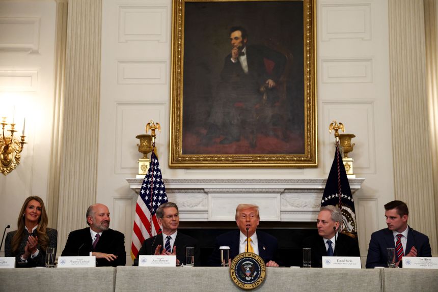 US President Donald Trump speaks as Crypto czar David Sacks, US Treasury Secretary Scott Bessent, Administrator of the Small Business Administration Kelly Loeffler, US Commerce Secretary Howard Lutnick, and Executive Director of the Presidential Council of Advisers for Digital Assets Bo Hines attend the White House Crypto Summit at the White House in Washington, DC, on March 7, 2025.