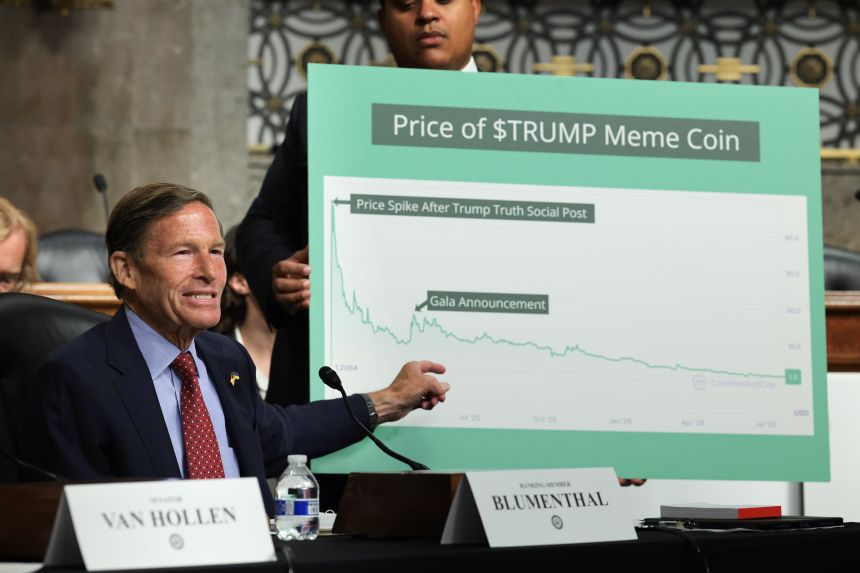 US Sen. Richard Blumenthal speaks during a forum to discuss US President Donald Trump's official and personal dealings with crypto currency in the Dirksen Senate Office Building on Capitol Hill on July 27, 2026 in Washington, DC.