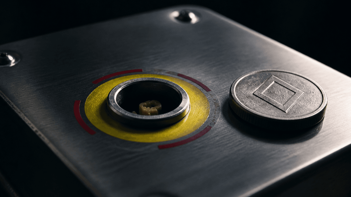 Industrial steel emergency stop panel, the mounting for the red mushroom button holding only an empty opening with bare contacts, next to it a metal coin with a diamond emblem