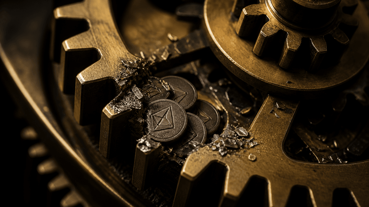 Close-up of brass clockwork gears, one tooth sheared off, small coins with a diamond emblem and metal shavings jammed in the gap